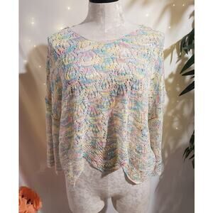 POL Womens Crochet Open Sheer Pointelle Knit Multicolor Pastel Sweater M Boho